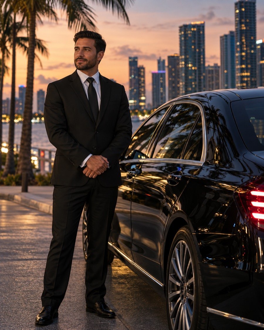 Professional chauffeur in a black suit beside a black sedan