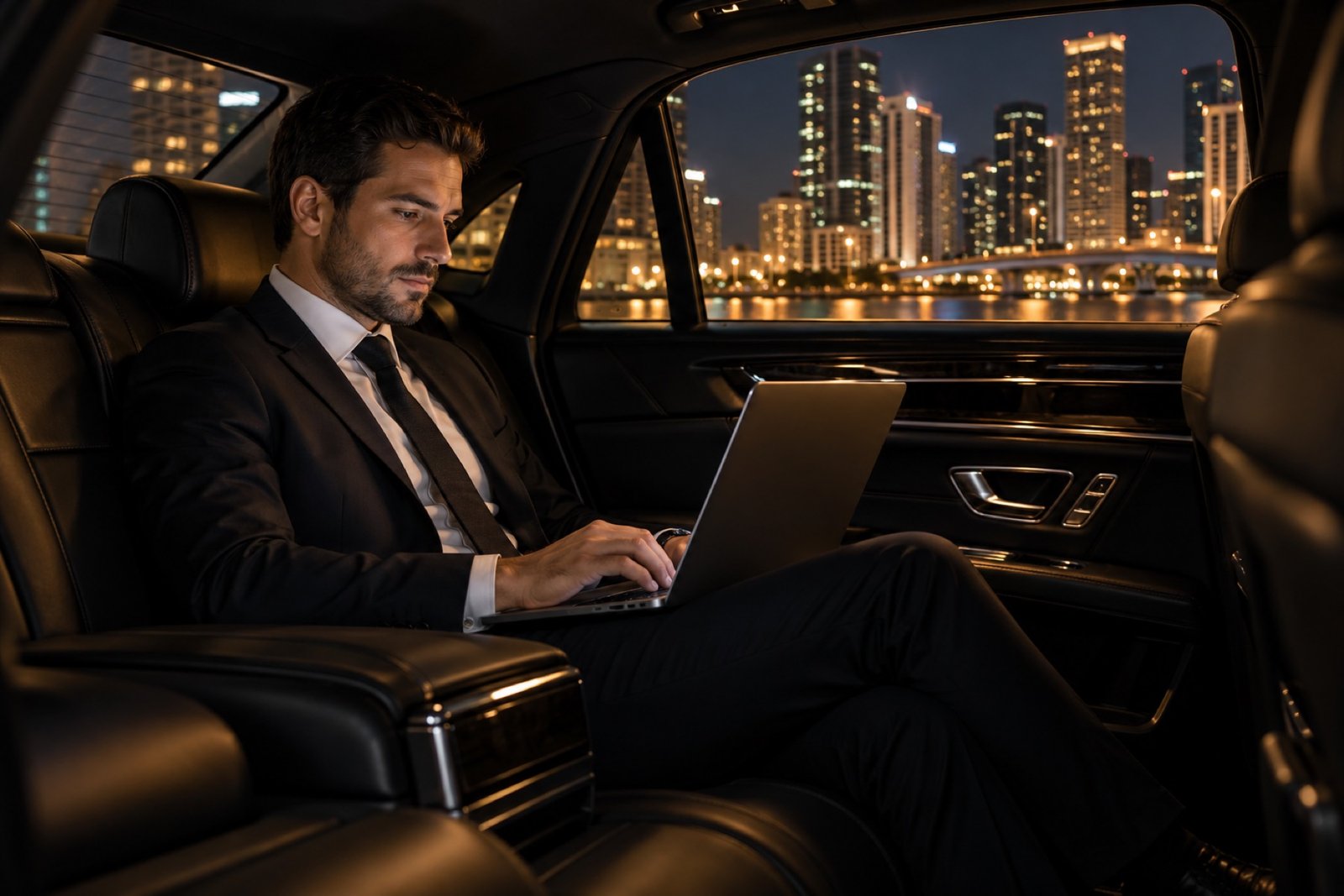 Rear seat of a black luxury sedan at night